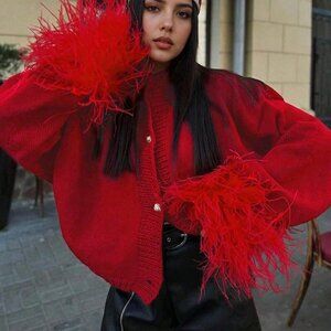 Red Casual Women's Furry Cuffs Metal Button knit sweater cardigan
